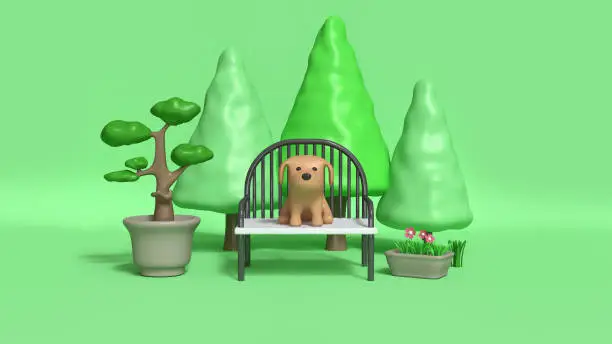Brown dog on chair in garden 3d rendering