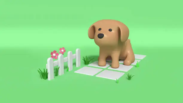 Brown dog on garden walkway and white fence 3d rendering