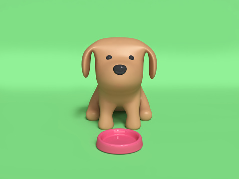 Brown dog sitting and pink dog dish 3d rendering