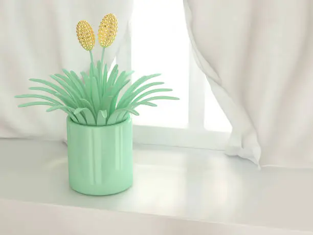 green pot gold flower window light interior 3D Rendering