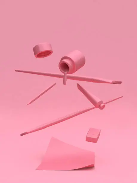 pink art supplies floating with pink background 3d rendering
