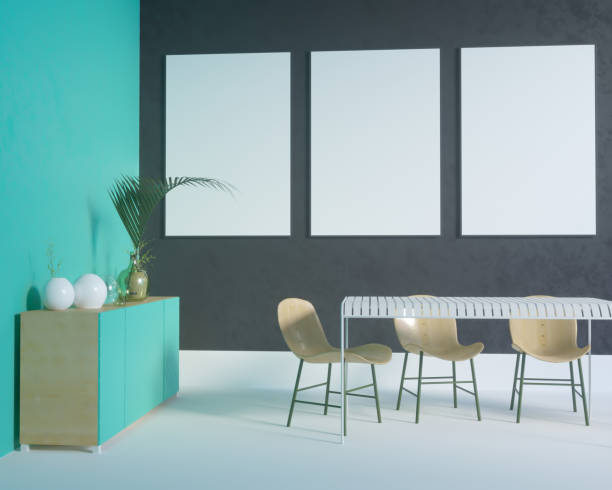 istock Poster over the cupboard with utensils, minimalism, interior, background, 3D rendering, 3D illustrations 949886028