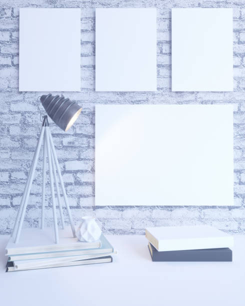 istock interior, mock up poster on wall, 3d illustration studio,  style,  table,  template,  up,  wall,  white,  wooden 949891122
