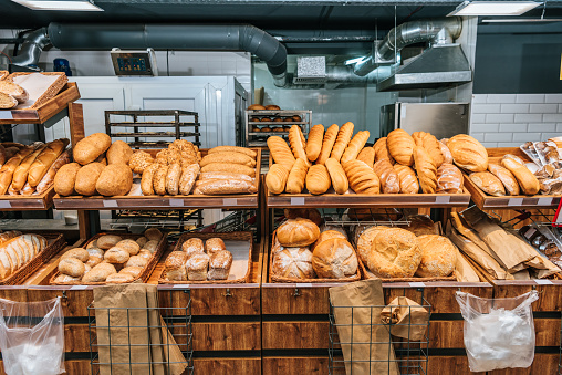 close up view of freshly baked bakery in hypermarket