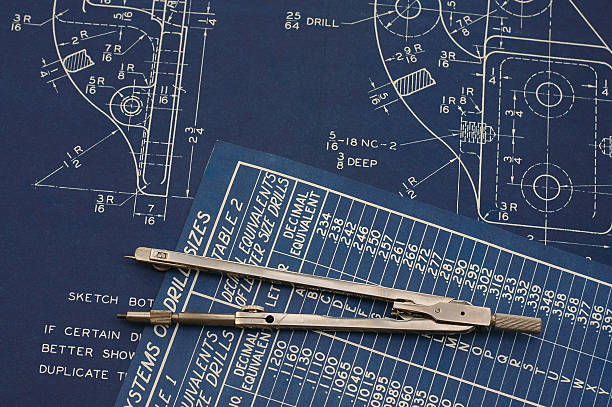 청사진 및 코파스. - drawing compass machine part engineering plan 뉴스 사진 이미지