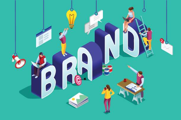 Brand vector text isometric logo Brand vector text with employers working on branding design. Flat Isometric people illustration isolated on blue background. Can use for web banner, infographics, hero images. advertising stock illustrations