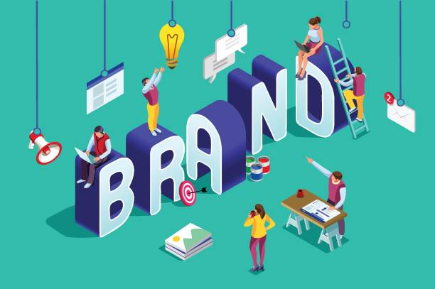 Brand vector text isometric logo Brand vector text with employers working on branding design. Flat Isometric people illustration isolated on blue background. Can use for web banner, infographics, hero images. business development banner stock illustrations