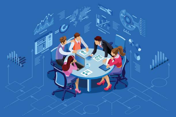 Isometric people team management concept Isometric people team contemporary management concept. Can use for web banner, infographics, hero images. Flat isometric vector illustration isolated on blue background.Â digital presentation stock illustrations