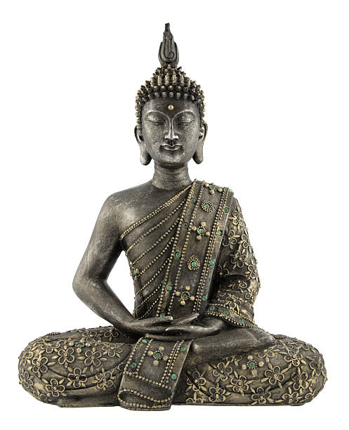 Metal Buddha statue with gyms on a white background stock photo