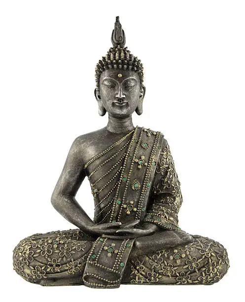 Photo of Metal Buddha statue with gyms on a white background