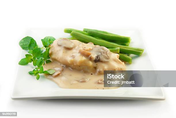 Chicken With Cream And Mushroom Sauce With Veggies Stock Photo - Download Image Now - Chicken Meat, Cream Sauce, Bean