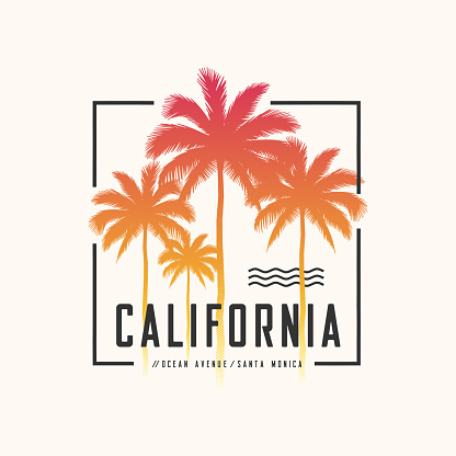 California Ocean Avenue tee print with palm trees, t shirt design, typography, poster, vector illustration.