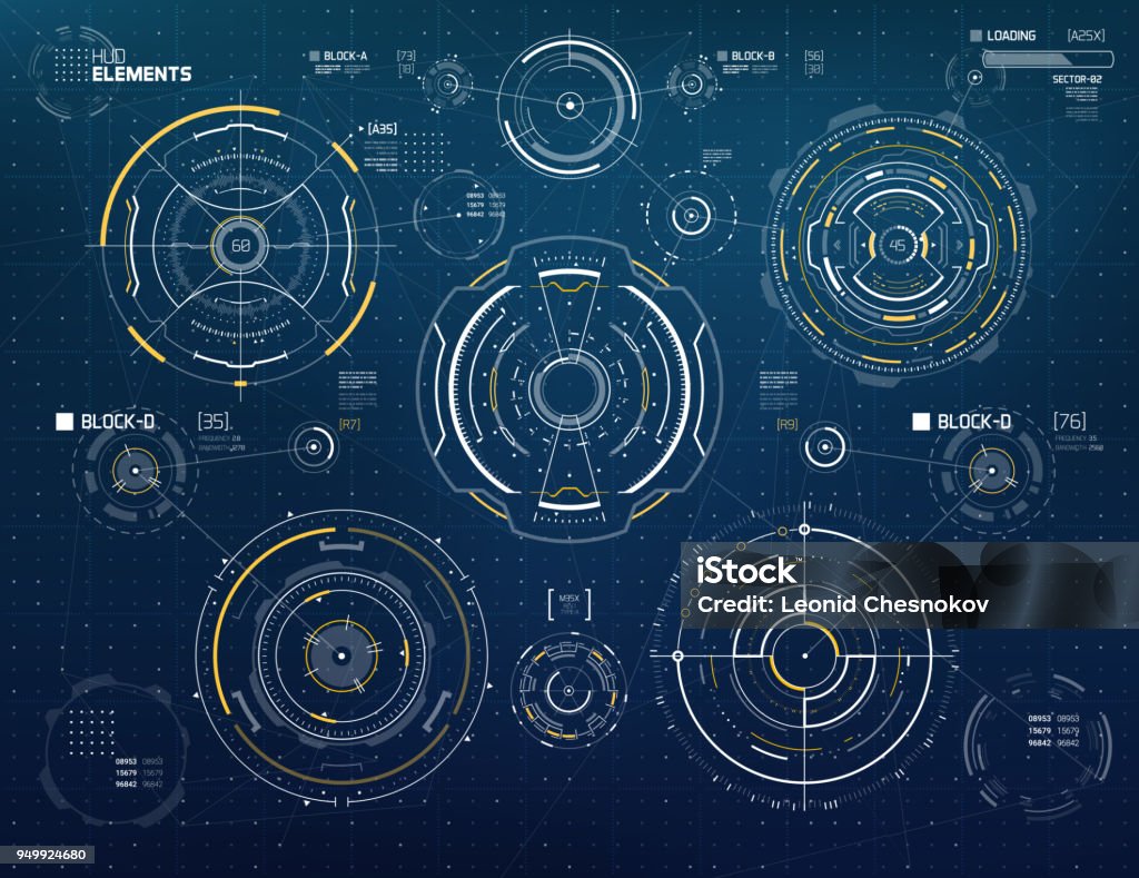 Futuristic HUD Circles Futuristic Sci-Fi technology vector circle elements for HUD user interface, infographics, loading bars, background etc. Head-up display - Vehicle Part stock vector
