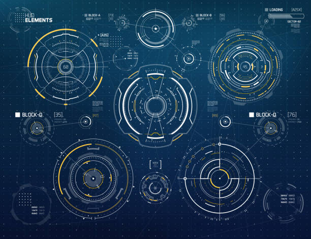 Futuristic HUD Circles Futuristic Sci-Fi technology vector circle elements for HUD user interface, infographics, loading bars, background etc. hud stock illustrations