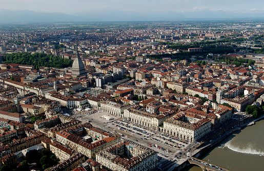 Aerial view of down town Turin, near Po river