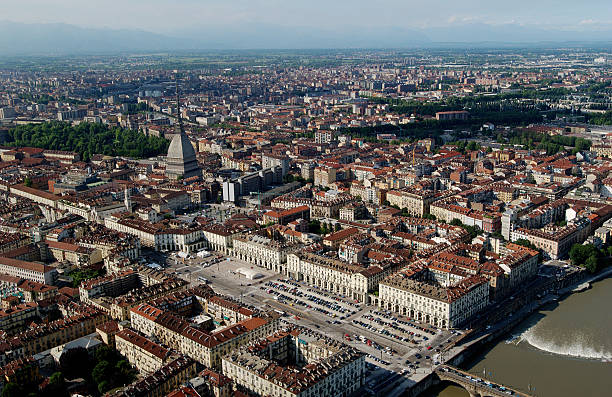 Aerial view of down town Turin, near Po river stock photo
