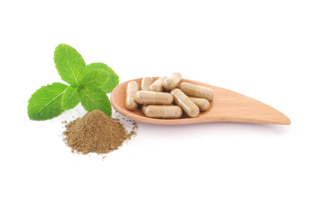 istock mint leaves and drug isolated on white background 949928568