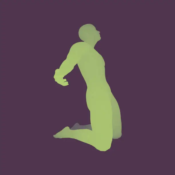 Vector illustration of Man kneeling and praying to God. 3D Human Body Model. Design Element. Vector Illustration.