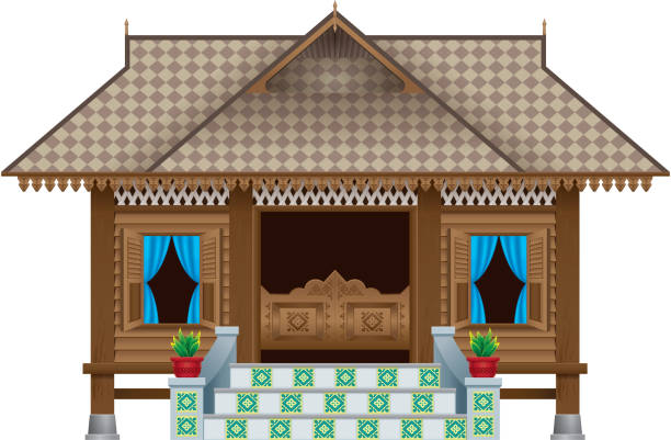 A beautiful traditional wooden Malay style village house. Isolated. Vector for Hari Raya Puasa or Aidilfitri. hometown stock illustrations