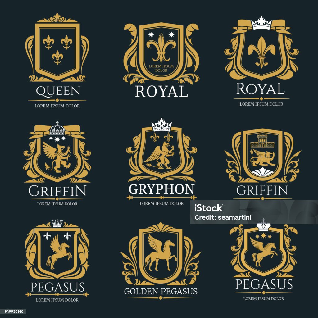 Royal heraldry logo set Heraldry vector logo set. Gryphon Royal logo for VIP hotel, restaurant or any business. Griffin icon in black and yellow colors. Queen royal sign. Pegasus or Golden pegasus vector logo on black background Coat Of Arms stock vector