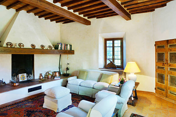 istock Fireplace in a luminous living-room with raftered ceiling 94993243