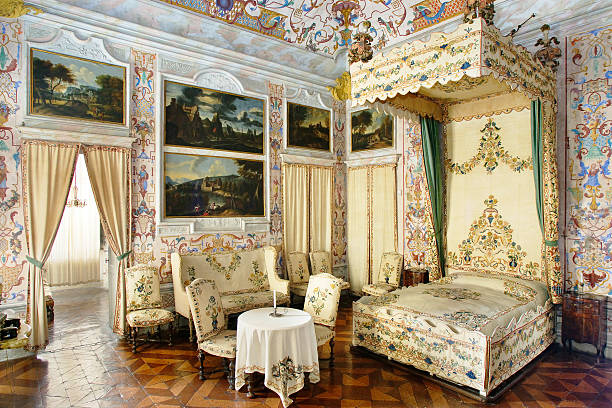 amazing interior of an old abandoned palace, beautiful furniture joinery, wooden wall hangings.