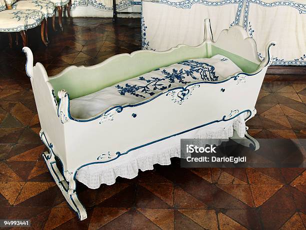 Old Vintage Cradle White And Blue Guarene Castel Baroque Architecture Stock Photo - Download Image Now