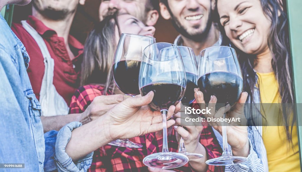 Happy friends cheering with red wine at barbecue dinner - Young people having fun and laughing together in vineyard farm - Focus on close up glasses - Friendship, party and youth concept Wine Stock Photo