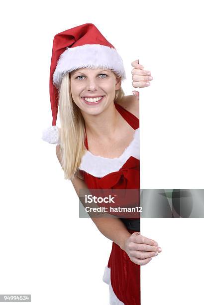 Mulher Santa Com Quadro Branco - Fotografias de stock e mais imagens de Adulto - Adulto, Ao lado, Apresentador