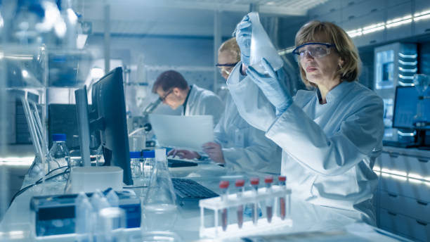 hembra y macho los científicos trabajando en sus computadoras en grande moderno laboratorio. varios estantes con vasos, productos químicos y diverso equipo técnico es visible. - scientist lab coat doctor male fotografías e imágenes de stock