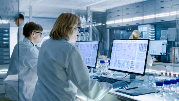 weibliche und männliche wissenschaftler arbeiten an ihren computern in großen modernen labor. verschiedene regale mit becher, chemikalien und andere technische ausrüstung ist sichtbar. - wissenschaft stock-fotos und bilder