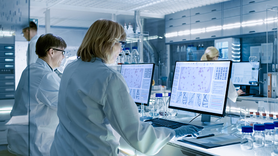 Hembra y macho los científicos trabajando en sus computadoras en grande moderno laboratorio. Varios estantes con vasos, productos químicos y diverso equipo técnico es Visible. photo