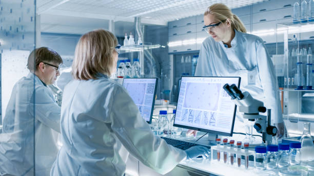 in modern laboratory senior female scientist discusses work with young female assistant. laboratory has computers, beakers and other technology for high tech scientific analysis. - healthcare and medicine laboratory senior adult analyzing imagens e fotografias de stock