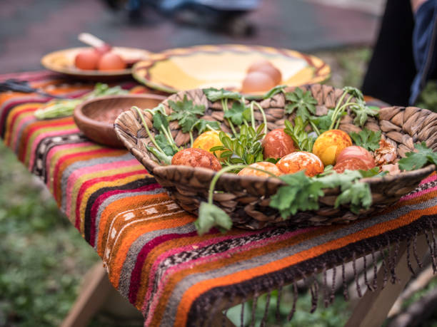 Bulgarian colorful easter eggs on a colorful table cover