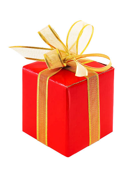 istock Red gift box with golden ribbon bow, isolated on white 94995952
