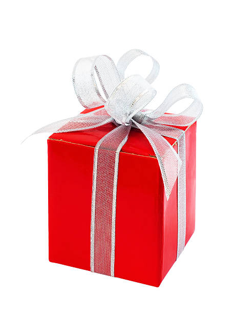 istock Red gift box with silver ribbon bow, isolated on white 94995953