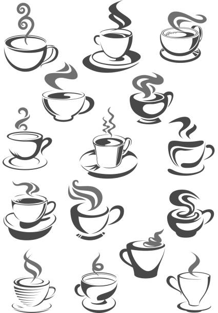 ilustraciones, imágenes clip art, dibujos animados e iconos de stock de tazas de café vector iconos para cafetería o café - latté cafe macchiato cappuccino cocoa