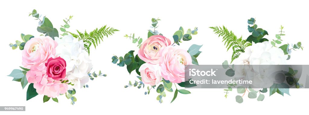 Eco style wedding flowers vector design bouquets Eco style wedding flowers vector design bouquets. Red rose, white and pink hydrangea, ranunculus, forest fern, eucalyptus, greenery. Floral border composition. All elements are isolated and editable Flower stock vector