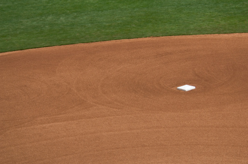 A DSLR of a Baseball field at a baseball game. the photo is a close up of third base and second base in the infield at a professional baseball game. Each base is white and the grass is green and the dirt is orange. the lighting is natural sunlight during the day with baseball stadium lighting. there are no baseball players in the photo. the photo is an abstract background with no people at a sporting event. 