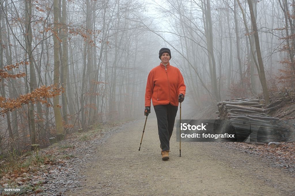 Активные Старший женщина, скандинавская ходьба в зимний Лес - Стоковые фото Зима роялти-фри