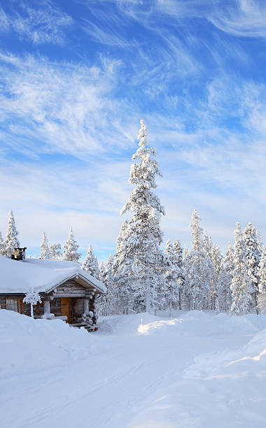 cabina en el bosque - cabin snow finland lapland fotografías e imágenes de stock