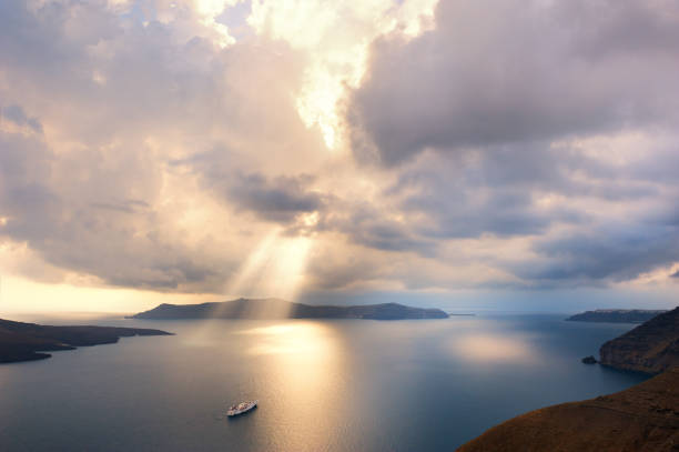 Beautiful sunset at Santorini island, Greece. Summer landscape, sea view