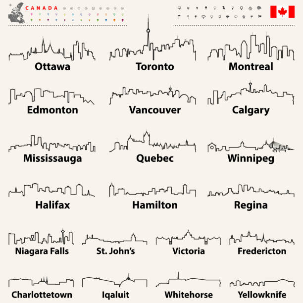 ilustraciones, imágenes clip art, dibujos animados e iconos de stock de vector iconos otline resumen de skylines de ciudades de canadá - toronto canada flag montreal