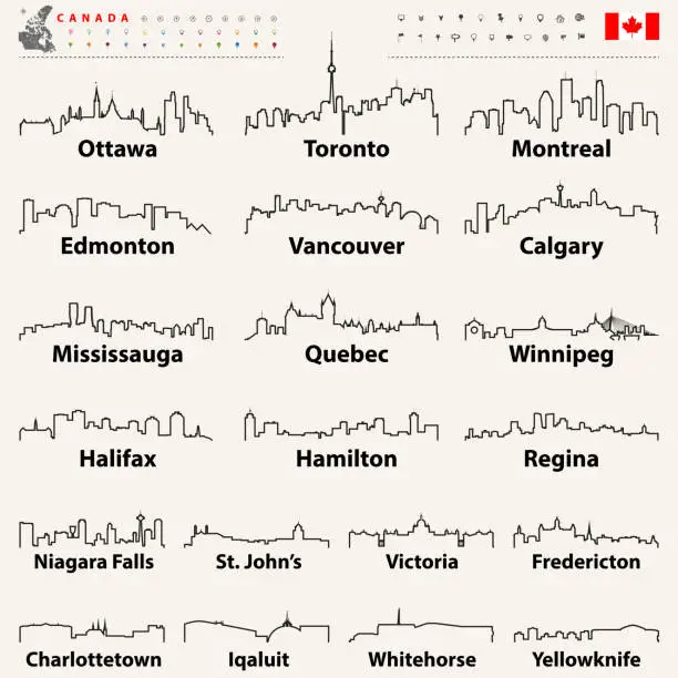 Vector illustration of vector abstract otline icons of Canada cities skylines