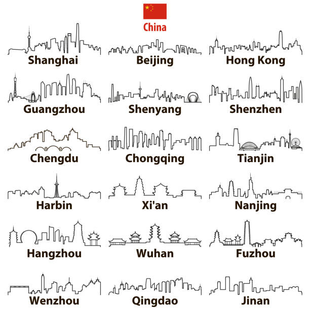 vektor-abstrakten otline symbole der chinesischen größten städte skylines - hong kong skyline panoramic china stock-grafiken, -clipart, -cartoons und -symbole