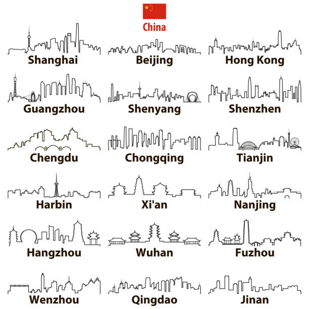 ilustrações de stock, clip art, desenhos animados e ícones de vector abstract otline icons of chinese largest cities skylines - hong kong skyline panoramic china