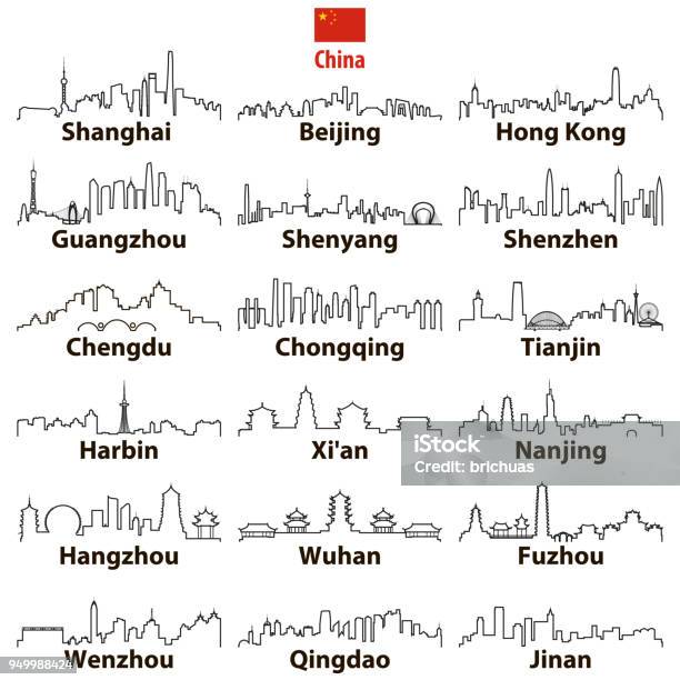 Vector Abstract Otline Icons Of Chinese Largest Cities Skylines Stock Illustration - Download Image Now