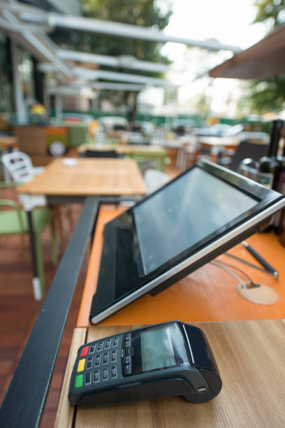 istock Restaurant terrace blurred background, cash register area 949989058