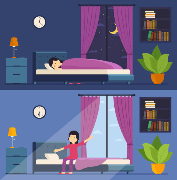Woman sleeps in bed night and wakes up in the morning. Morning stretching in bed. Woman sleeps in bed night and wakes up in the morning. Morning stretching in bed. Room with a window at night and morning. dreamtime stock illustrations