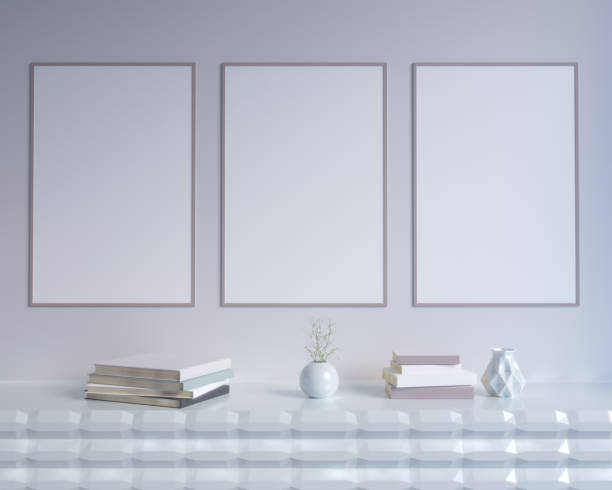 istock Concept interior, mock up poster on wall, 3d illustration render,  rendering,  retro,  room,  scandinavian,  shine,  studio,  style,  table, 950005740